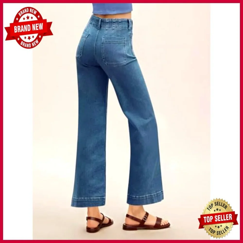 High Waisted Wide Leg Cropped Jeans Stretchy Flare Denim Pants - Picture 4 of 7